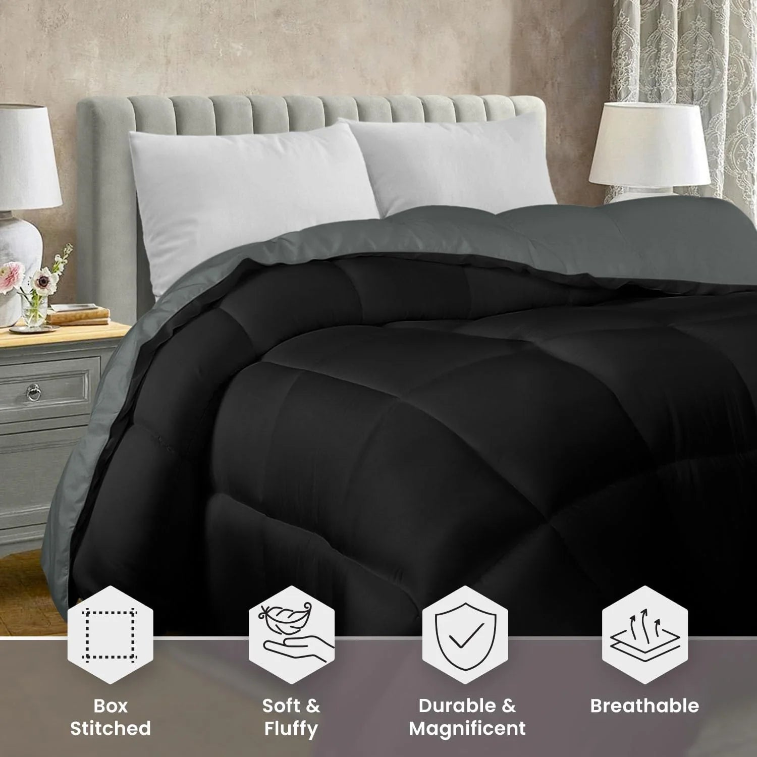 Soft Black/Gray Quilted Comforter with Corner Tabs